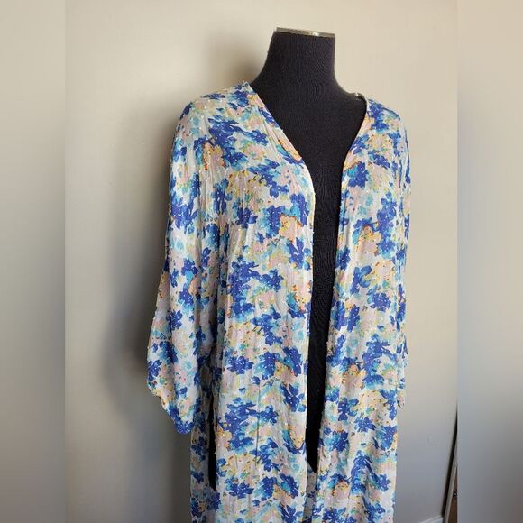 Sadie & Sage Kimono Blue Floral Swiss Dot Open Front Side Slit Fairy Boho Medium - Picture 2 of 9